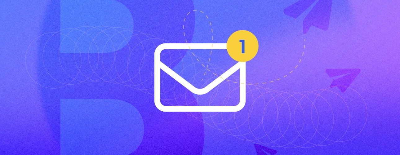 ikona e-mailu s číslem jedna, symbolizující první odeslání, na modrofialovém pozadí s přechodem
