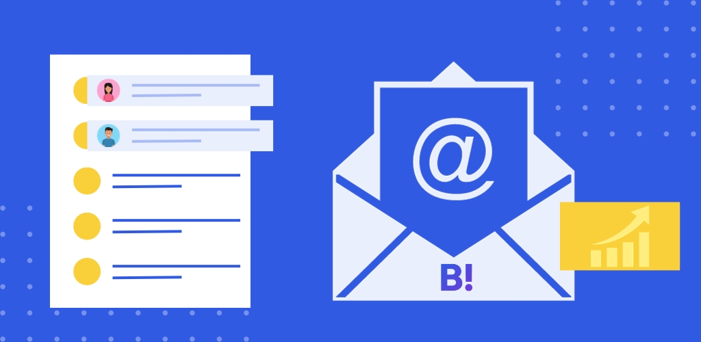 Grafika s modrým pozadím, obálka s logem Boldem naznačující e-mail, seznam příjemců, růstová křivka