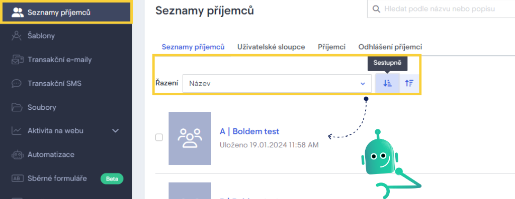 Novinky: Řazení seznamů příjemců v nástroji Boldem