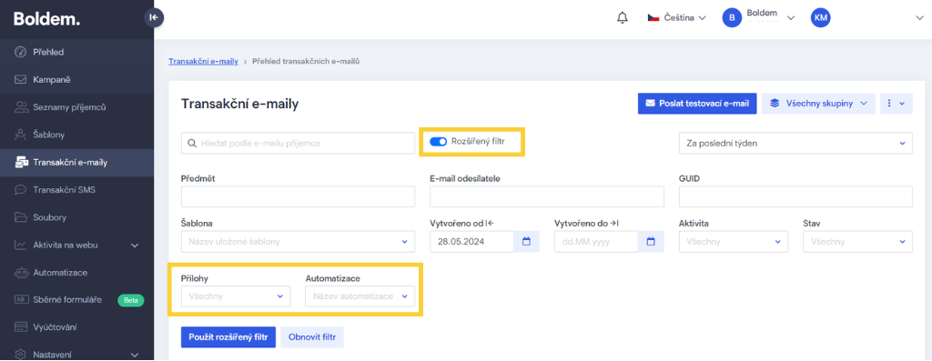 Vyhledávejte transakční e-maily podle automatizací, nebo podle připnuté přílohy
