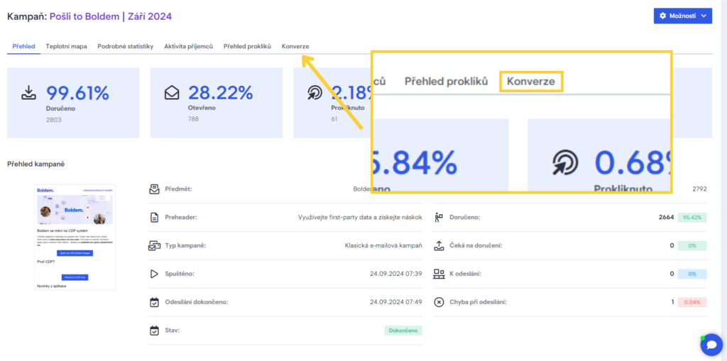 Screenshot z aplikace Boldem, kde je znázorněné, kde uživatelé najdou konverze z kampaní